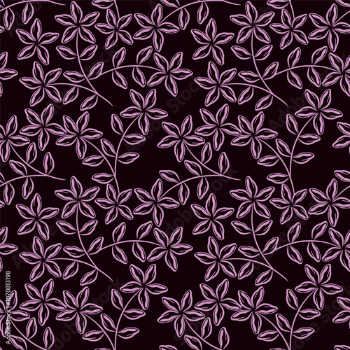 Flower garden wallpaper design vector prepared for textile printing. Seamless floral pattern with abstract hand drawn flower and leaf background elements in purple