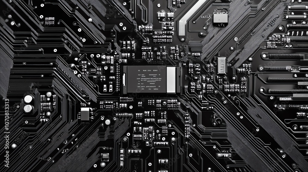 Close-up view of a complex circuit board, showcasing intricate electronic components and connections. Close-up view of a complex circuit board, showcasing intricate electronic components and connections.