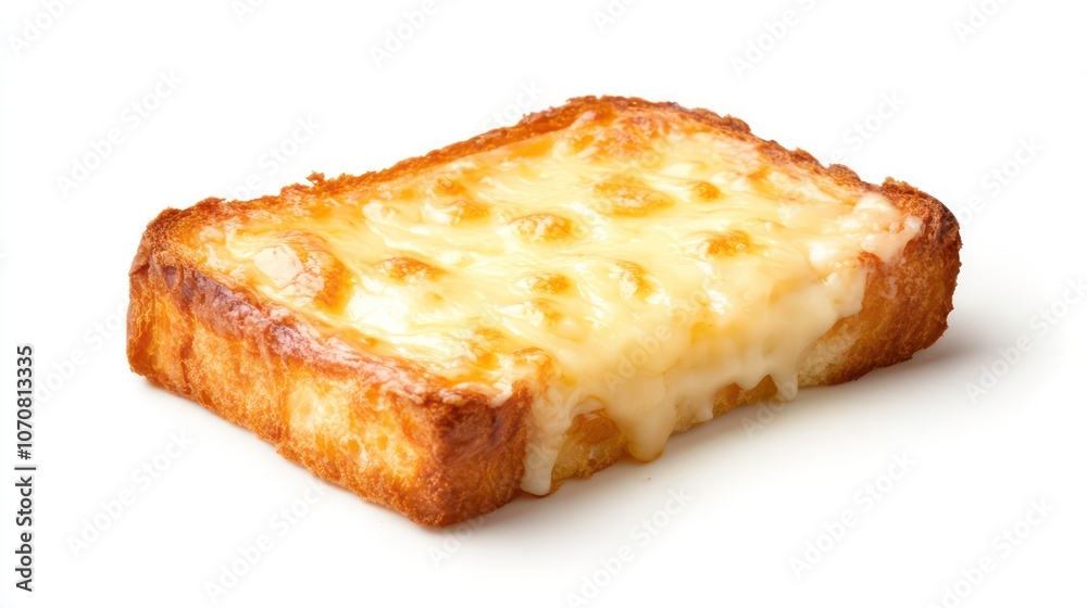 A golden-brown slice of toasted bread topped with melted cheese. A golden-brown slice of toasted bread topped with melted cheese.