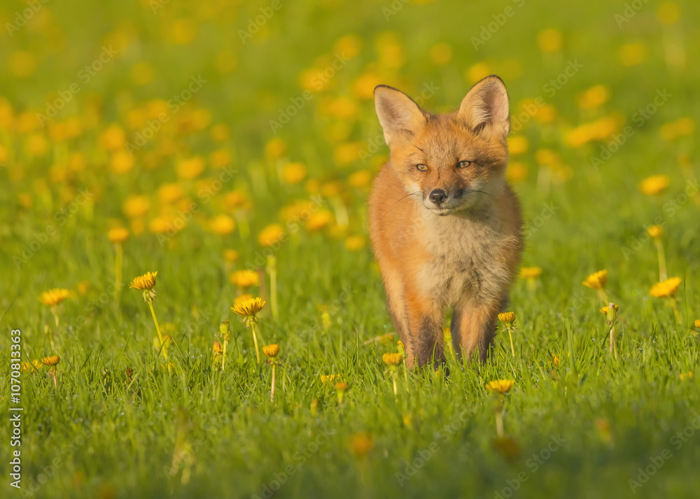 Fototapeta premium Fox Pup In Field Of Dandelions