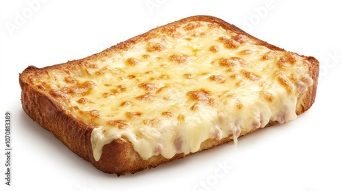 This golden crusted croque monsieur is isolated on a clean white background to emphasize its gooey cheese and golden crust.