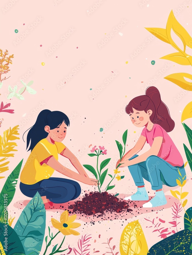 Children planting flowers together to cultivate a greener future in nature's embrace Children planting flowers together to cultivate a greener future in nature's embrace