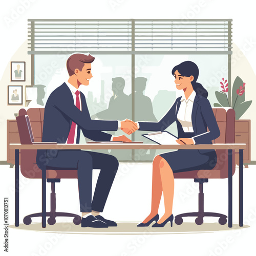 People shaking hands at work - Two businesspeople, man and woman doing handshake in office at work while smiling over business agreement and deal. Flat design stock illustration on white background