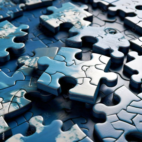 Close up of blue jigsaw puzzle pieces with sky and cloud patterns some stacked and others interlocking photo