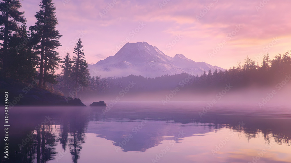 Fototapeta premium A majestic mountain peak rises above a serene lake shrouded in mist at sunrise, the sky ablaze with vibrant hues of pink and purple.