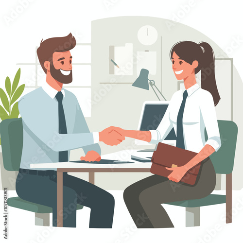 People shaking hands at work - Two businesspeople, man and woman doing handshake in office at work while smiling over business agreement and deal. Flat design stock illustration on white background