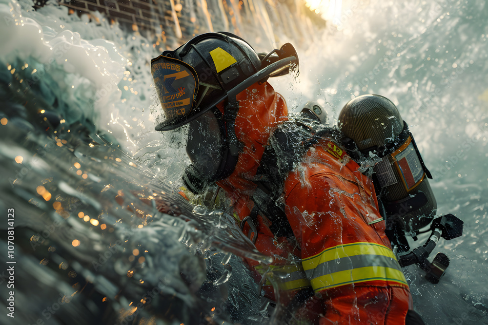 Fototapeta premium A male firefighter in an orange suit battles a surge of water, showcasing bravery and commitment during a dramatic emergency response.