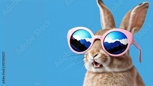 Funny brown rabbit wearing oversized pink sunglasses against a bright blue copy space background