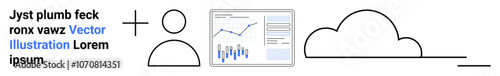 Person icon, plus sign, data analytics screen, and cloud storage symbol. Ideal for teamwork, cloud computing, data visualization, collaborative tools, online storage, tech solutions, business