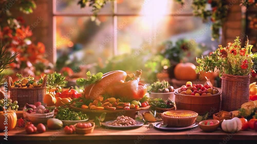 Autumn feast table with roasted turkey, pumpkin pie, and seasonal decorations. festive thanksgiving dinner setting. Autumn feast table with roasted turkey, pumpkin pie, and seasonal decorations. festive thanksgiving dinner setting.