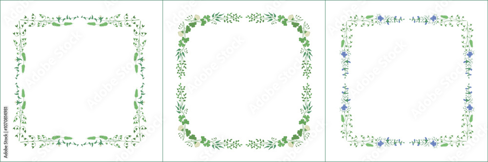 Set of three elegant green vegetal ornamental frame with flowers, decorative border, corners for greeting cards, banners, business cards, invitations, menus. Isolated vector illustration Set of three elegant green vegetal ornamental frame with flowers, decorative border, corners for greeting cards, banners, business cards, invitations, menus. Isolated vector illustration