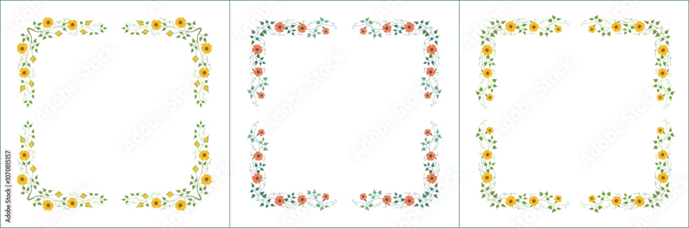 Set of three elegant green vegetal ornamental frame with thunbergia flowers, decorative border, corners for greeting cards, banners, business cards, invitations, menus. Isolated vector illustration Set of three elegant green vegetal ornamental frame with thunbergia flowers, decorative border, corners for greeting cards, banners, business cards, invitations, menus. Isolated vector illustration
