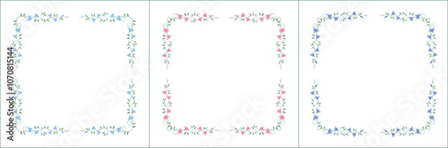 Set of three elegant green vegetal ornamental frame with pink and blue flowers, decorative border, corners for greeting cards, banners, business cards, invitations, menus. Isolated vector illustration