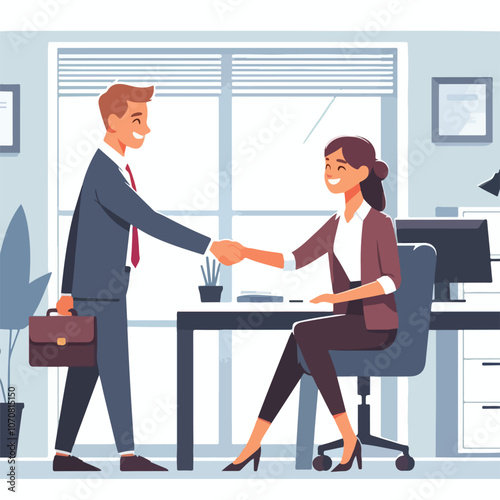People shaking hands at work - Two businesspeople, man and woman doing handshake in office at work while smiling over business agreement and deal. Flat design stock illustration on white background