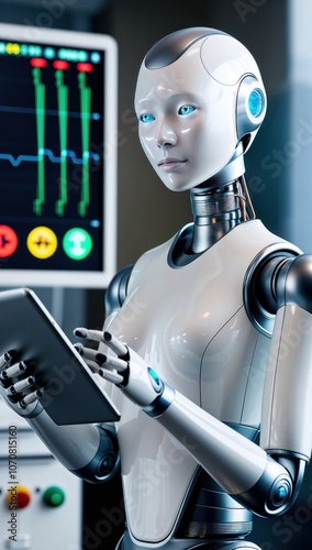 Robot holding digital tablet in modern hospital, monitor displaying a heart rate graph on background. Modern medicine. Artificial intelligence, AI