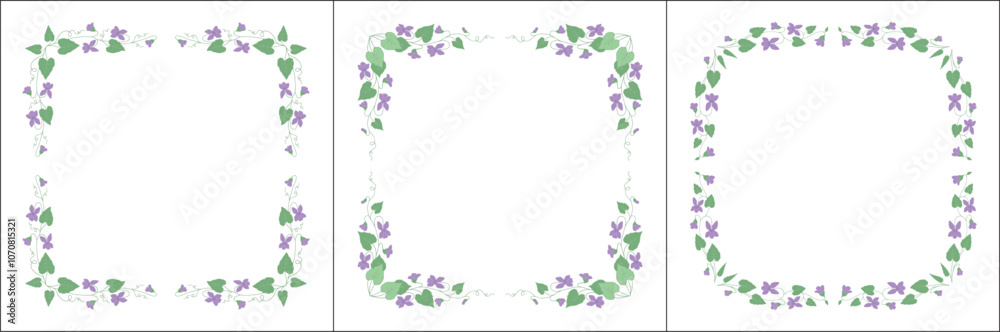 Set of three vegetal vector frames with violet flowers and leaves. Green frame with purple flowers. Vector frame for all sizes and formats. Isolated vector illustration.
Set of three vegetal vector frames with violet flowers and leaves. Green frame with purple flowers. Vector frame for all sizes and formats. Isolated vector illustration.