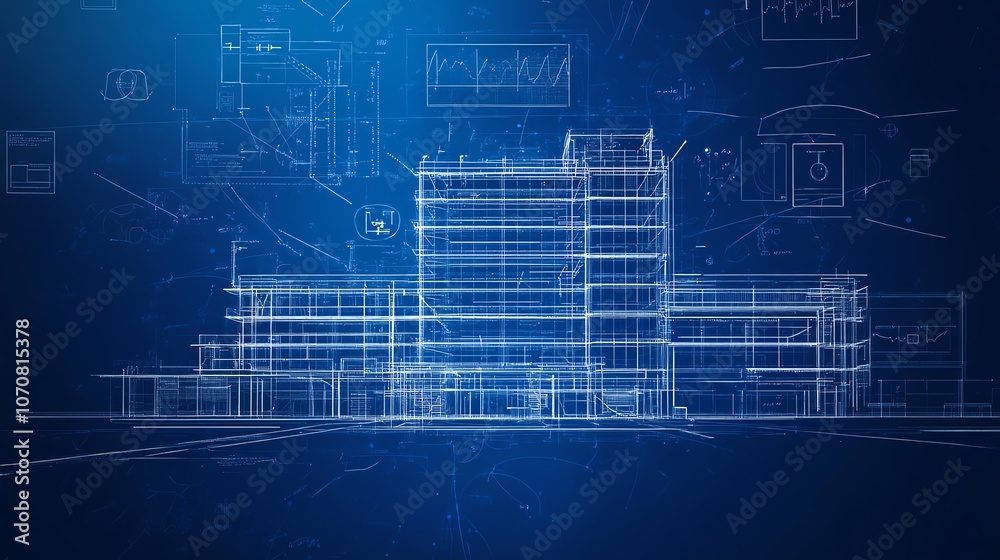 Architectural blueprint of a modern building on a blue background. Architectural blueprint of a modern building on a blue background.