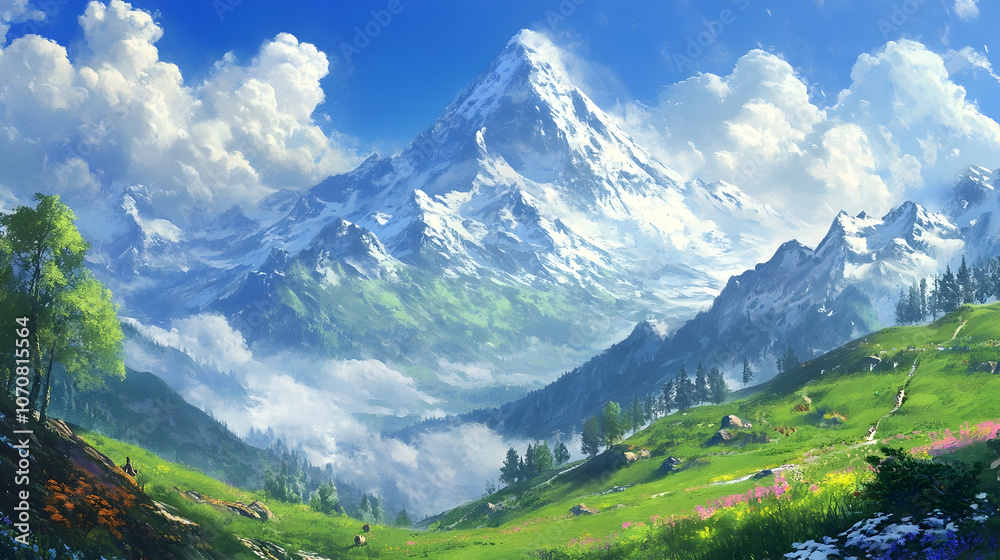 Fototapeta premium A majestic snow-capped mountain peak rises above lush green valleys with a clear blue sky and fluffy clouds.