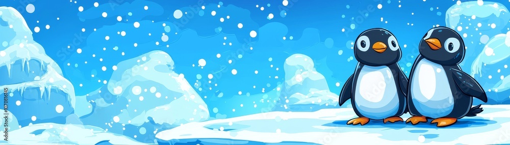 Fototapeta premium Two adorable penguins enjoying a winter wonderland amidst falling snowflakes