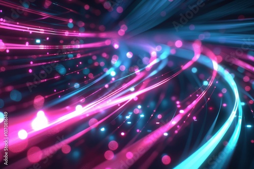 Dynamic abstract background with glowing pink and blue neon lines and bokeh lights, perfect for conveying a sense of fast data movement