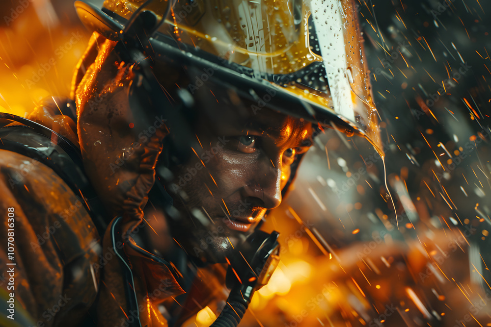 A determined Caucasian male firefighter in gear, illuminated by fiery sparks and raindrops, showcasing bravery in a hazardous environment. A determined Caucasian male firefighter in gear, illuminated by fiery sparks and raindrops, showcasing bravery in a hazardous environment.
