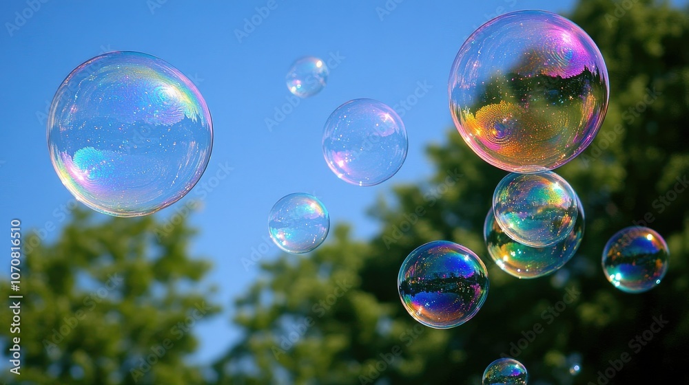 Bright soap bubbles floating in front of a blue sky, with rainbow reflections and soft edges capturing a whimsical atmosphere. Bright soap bubbles floating in front of a blue sky, with rainbow reflections and soft edges capturing a whimsical atmosphere.