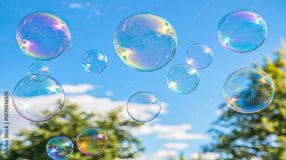 Bright soap bubbles floating in front of a blue sky, with rainbow reflections and soft edges capturing a whimsical atmosphere. Bright soap bubbles floating in front of a blue sky, with rainbow reflections and soft edges capturing a whimsical atmosphere.