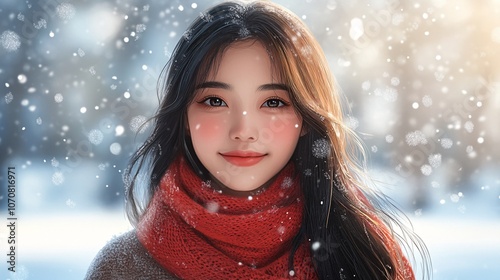 A young woman with long dark hair, wrapped in a cozy scarf, smiles softly amidst falling snowflakes in a winter scene.