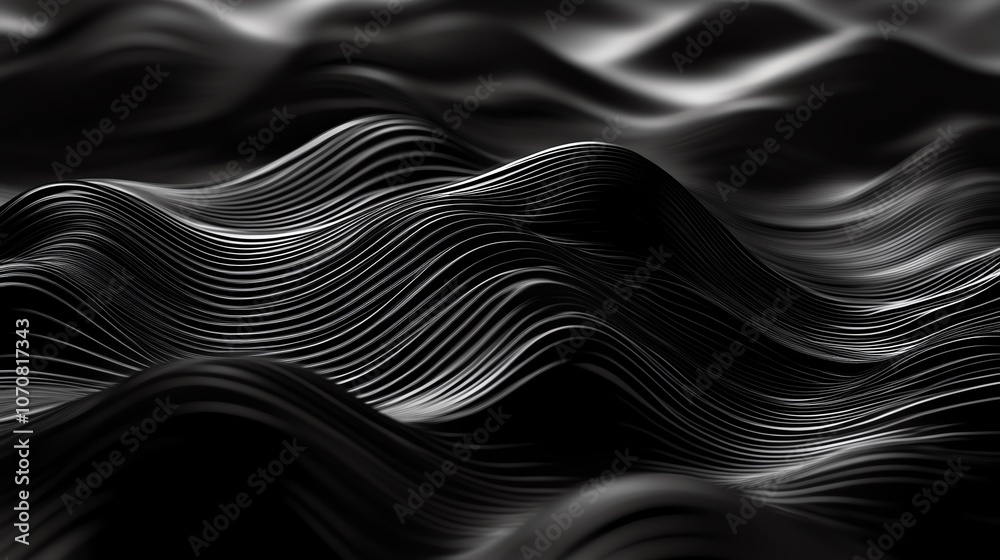 Abstract waves in black and white create a mesmerizing, fluid motion effect. Abstract waves in black and white create a mesmerizing, fluid motion effect.
