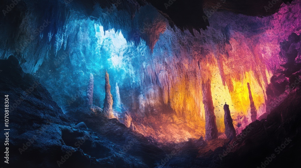 Stalactites and stalagmites in an illuminated cave interior, capturing the beauty of natural formations. Stalactites and stalagmites in an illuminated cave interior, capturing the beauty of natural formations.