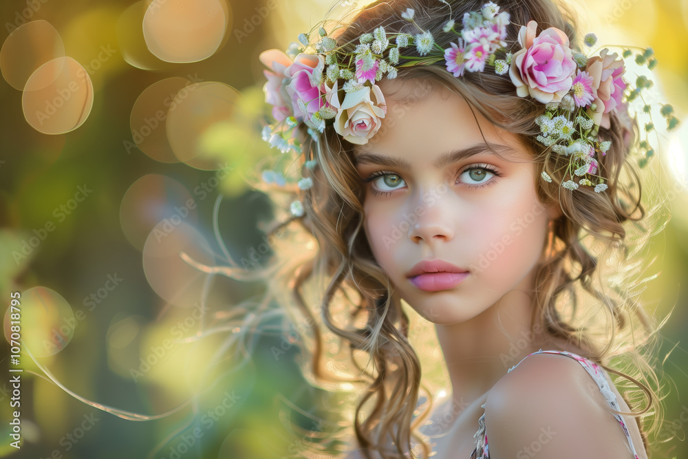 Naklejka premium A beautiful girl with flowers in her hair.