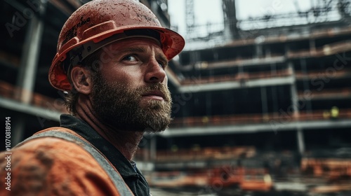 A rugged, bearded construction worker in a rainy worksite setting, clad in an orange hard hat and work gear, portrays resilience and dedication amidst challenging conditions. photo