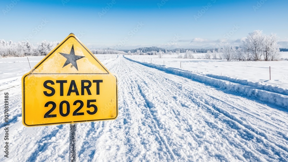 Snowy Rural Road with START Sign in Winter Landscape Snowy Rural Road with START Sign in Winter Landscape
