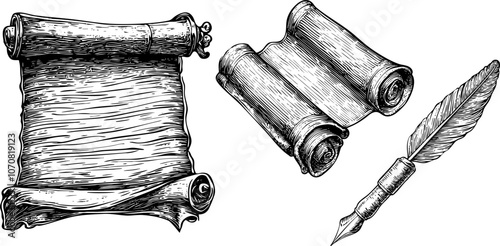 Vintage Scroll and Parchment Paper Set with Feather Quill. Hand Drawn Ancient Document, Rustic Banner.