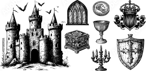 Victorian Medieval Collection. Castle, Shield, Coin, Banner, Jewelry Box, Candelabra, Goblet, Window Engraved style set.