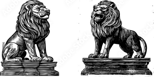 Vintage Lion Sculpture and Heraldic Engraving Set. Woodcut Line Drawing Illustration.