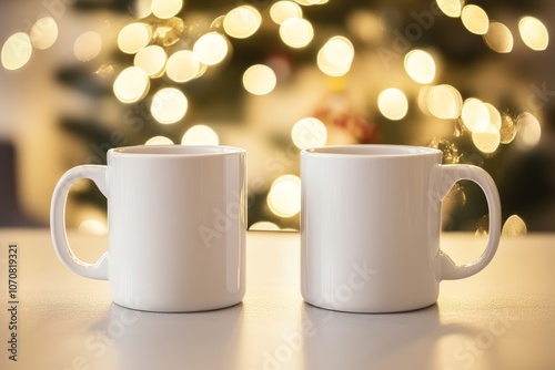 Christmas Mug Mock-Up. Two minimalistic white mugs. Blank white ceramic cups on a desk surface, beautiful warm bokeh lights blurred background. For overlaying your custom quotes, designs for selling.