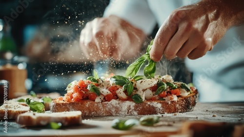 A chef is seen skillfully preparing fresh bruschetta with vibrant ingredients in a rustic kitchen, emphasizing creativity and culinary passion. photo