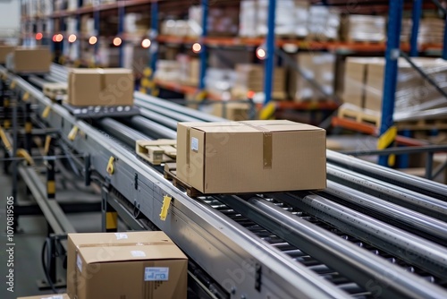 Efficient operations in a busy warehouse with packages moving on a conveyor belt