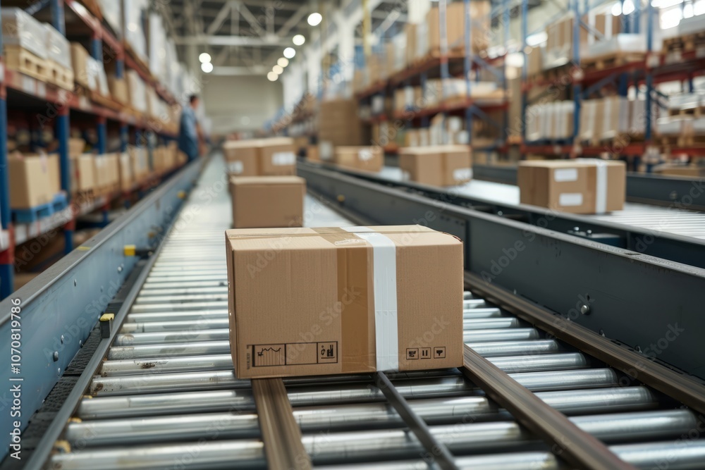 Efficient operations in a busy warehouse with packages moving on a conveyor belt