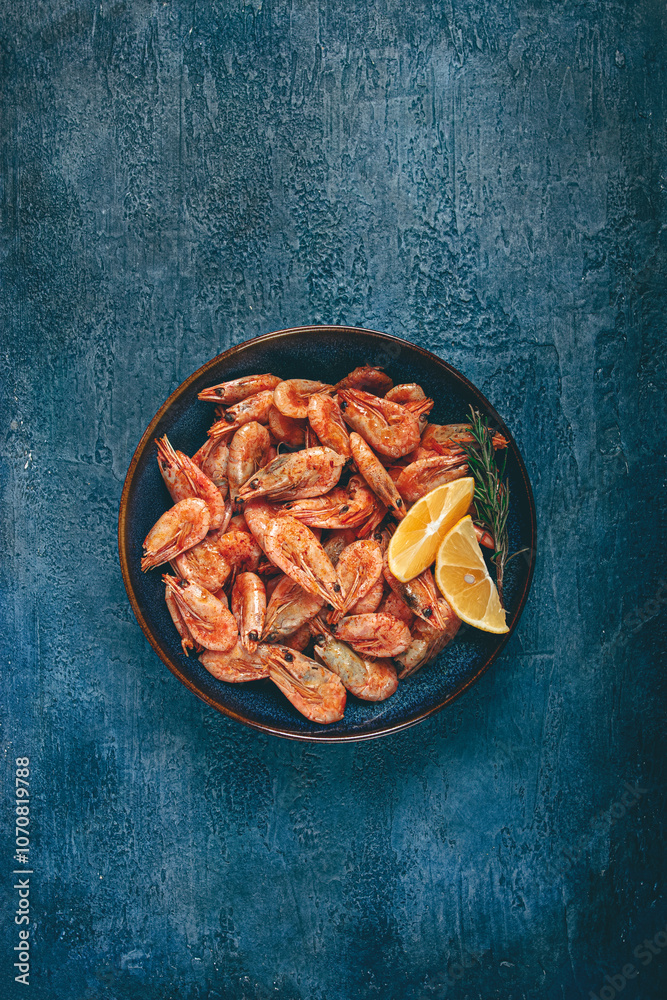fried shrimp, with shell and head, unpeeled, size 70-90, on a blue background, homemade, no people, fried shrimp, with shell and head, unpeeled, size 70-90, on a blue background, homemade, no people,