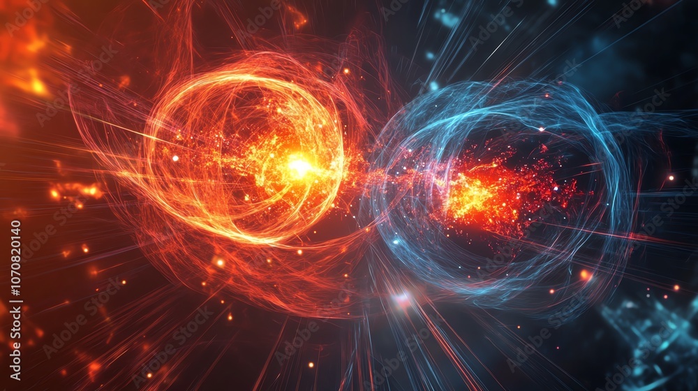 Obraz premium Abstract representation of particles colliding, showcasing vibrant colors and energy waves.