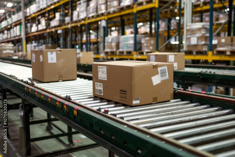 Efficient operations in a busy warehouse with packages moving on a conveyor belt Efficient operations in a busy warehouse with packages moving on a conveyor belt