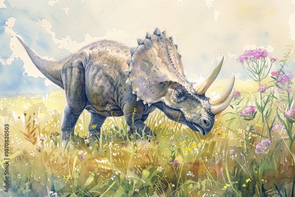 Fototapeta premium Triceratops grazing in summer meadow watercolor illustration