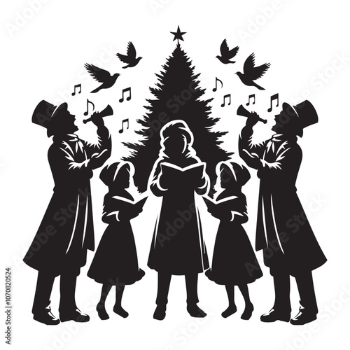 Christmas Carolers Singing silhouette vector art black color design and solid white background 