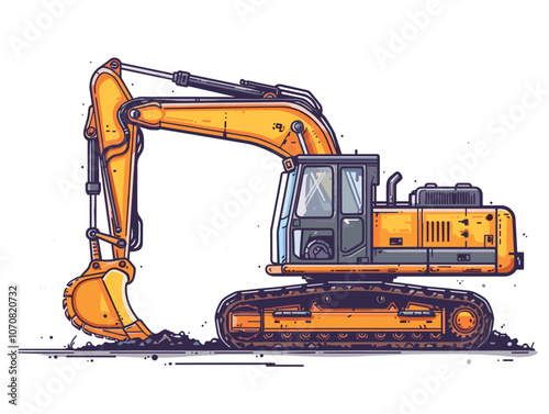 Yellow and orange construction vehicle with a large scoop on the front. The vehicle is parked on a white background