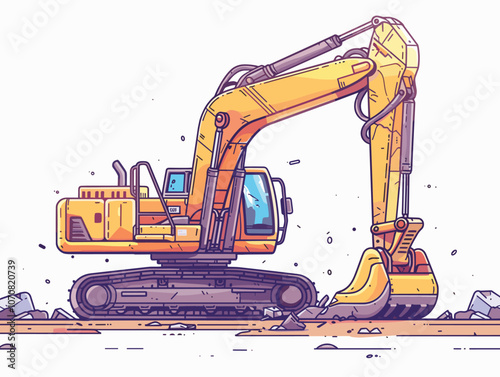 Yellow excavator is shown in motion, with its bucket digging into the ground. Concept of power and strength, as the machine is capable of moving large amounts of earth and debris