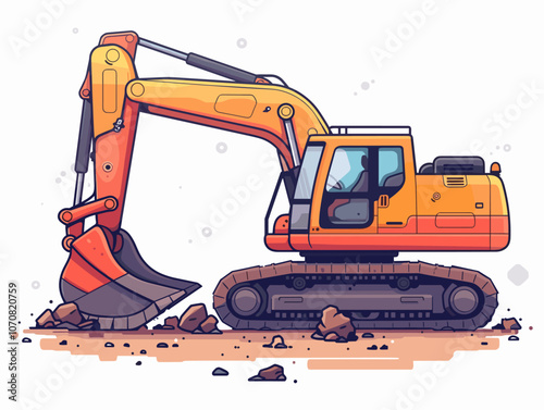 Cartoon drawing of a large orange and red construction vehicle with a large scoop on the front. The vehicle is on a rocky surface, and it is digging or moving large rocks