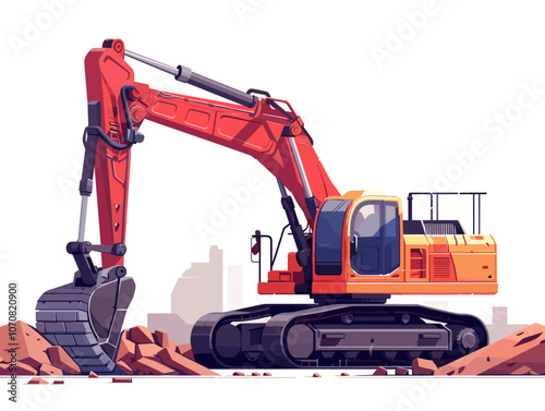 Red and orange construction vehicle is digging into the ground. The vehicle is a large excavator, and it is surrounded by a pile of dirt. Concept of hard work and progress