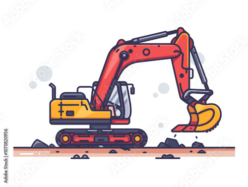 Red and yellow construction vehicle is digging into the ground. The vehicle is a large excavator with a yellow cab and a red bucket. Concept of hard work and determination